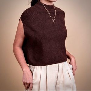 Brown high neck cap sleeve knit sweater